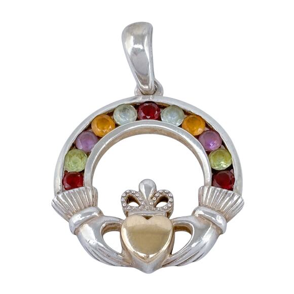 Vintage Irish Claddagh Pendant | Sterling Silver 925 14K Multi Colored Gemstones - Picture 7 of 13